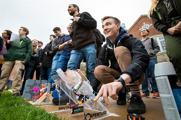 Engineering students test their inventions on the Bardeen Quad